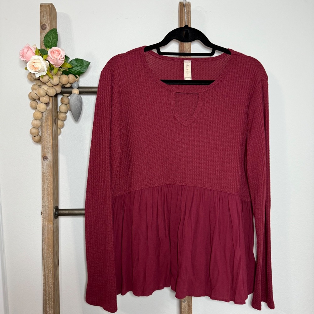 Altard State Long Sleeve Burgundy Waffle‎ Knit Top Size Large
